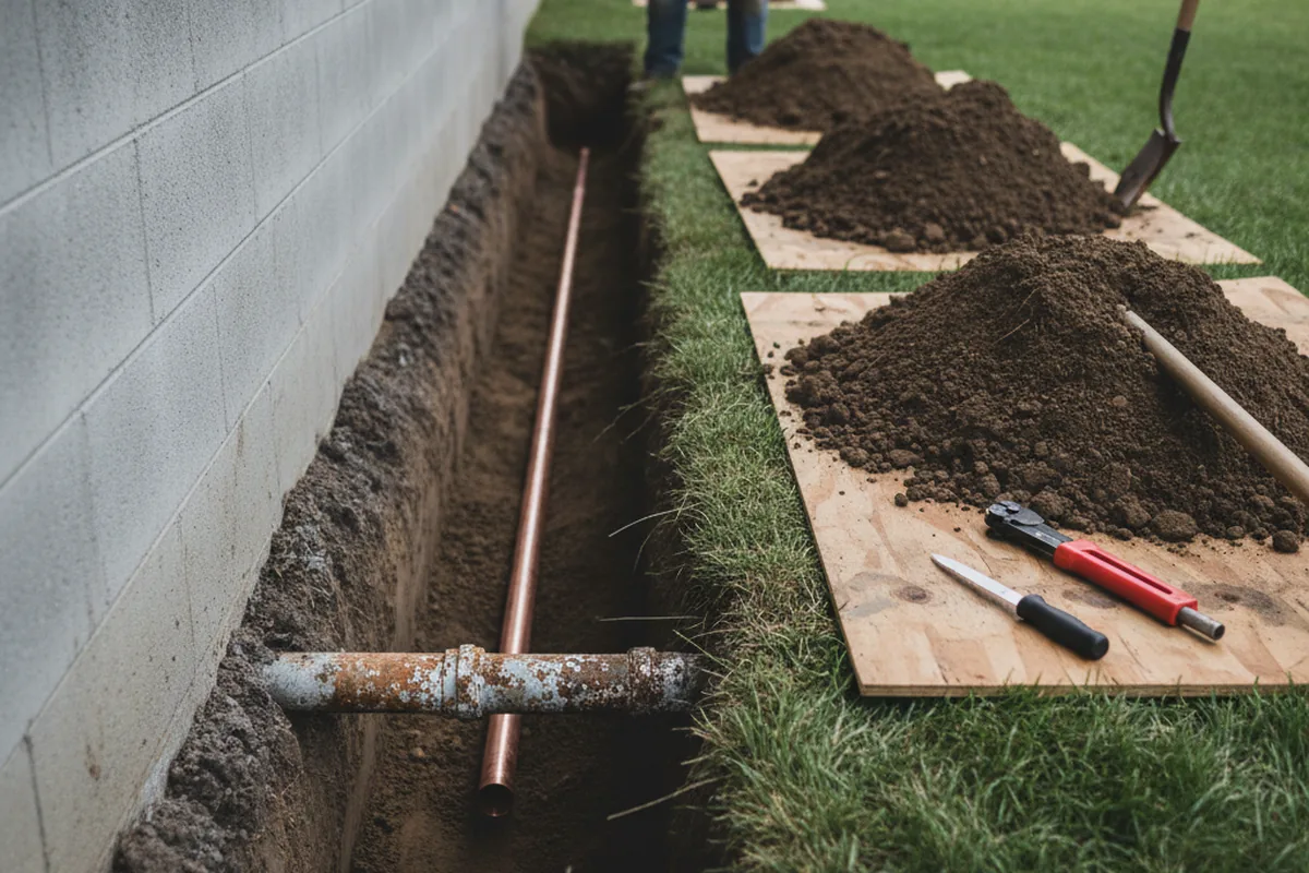 Excavated water line trench during Sewer Line Repair in Cobb Island